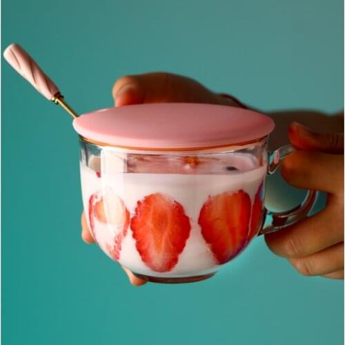Chinese style personality creative household Phnom Penh glass cup with spoon lid large capacity milks oat yogurt breakfast cups