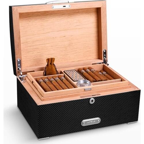 JIFENG Noble Carbon Fiber Cedar Wood Cigar Humidor Box Tobacco Case Holder W/Humidifier Hygrometer & Lock For COHIBA Cigars
