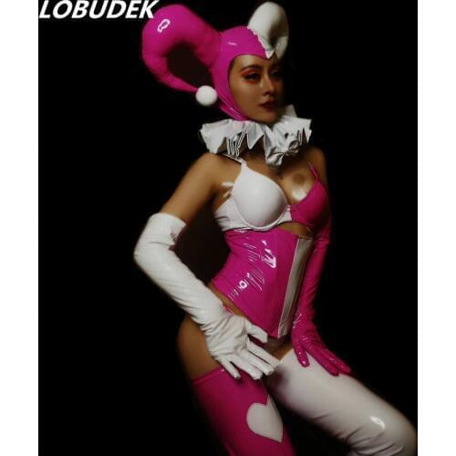 PU Leather Pink White Bikini Headgear Set Female Nightclub Clothing Models Catwalk Stage Costume Teams Jazz Modern Dance Outfits