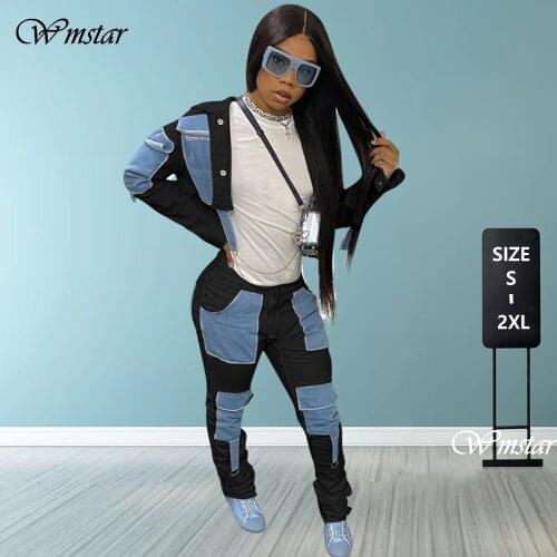 Two Piece Outfits Women Denim Matching Set Patchwork Pockets Jacket Stacked High Waist Jeans Cargo Pants Wholesale Dropshipping