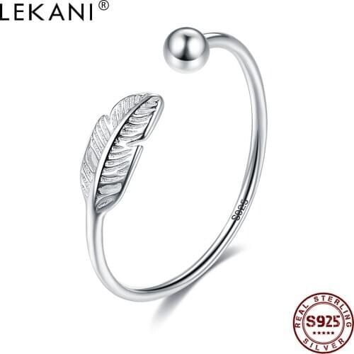 LEKANI Women Rings Authentic 925 Sterling Silver Cute Feather Adjustable Ring Elegant Female Wedding Engagement Jewelry Best