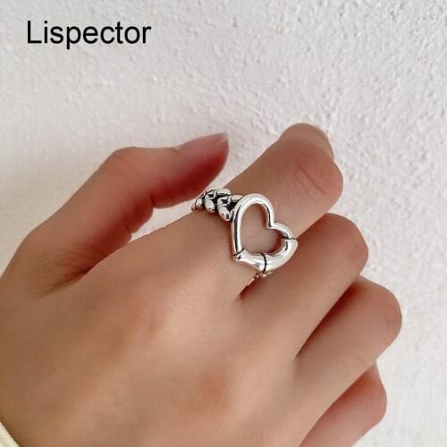 Lispector 925 Sterling Silver Gothic Punk Retro Hollow Love Heart Rings for Women Men Vintage Antique Ring Unisex Couple Jewelry