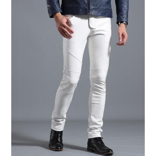 Stage leather pants mens feet pants fashion motorcycle pu trousers for men personality pantalon homme white red blue black