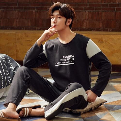 Mens Pajamas Sets Long Sleeve Cotton Homewear Autumn Man Pajama Home Clothes Winter Casual Long Sleeve Sleepwear 2 Pieces/Set