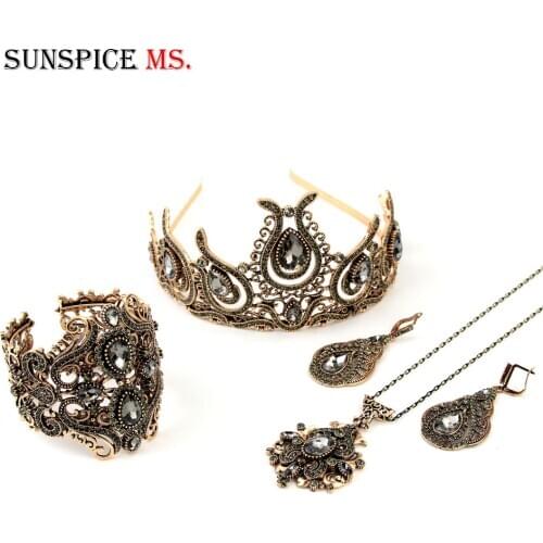Sunspicems Grey Crystal Turkish Bridal Jewelry Sets for Women Bangle Necklace Earring Crown 4pcs Ethnic Wedding Banquet Gift