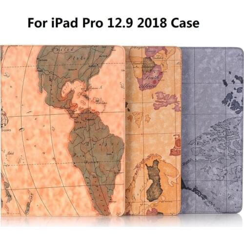 New Print Map Flip Coque For iPad Pro 12.9 2018 Case A1876 Card Slot Leather PU Stand Cartoon Funda For iPad Pro 12.9 2018 Cover