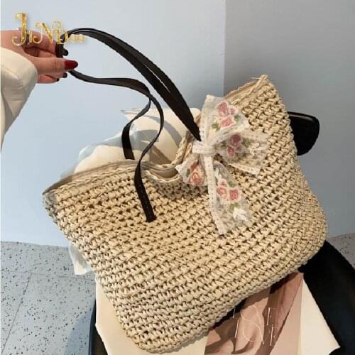 Large Capacity Beach Straw Bags for Women 2021 Summer Travel Fashion Lady with Sweet Flower Lace Casual Shoulder Handbag Purse