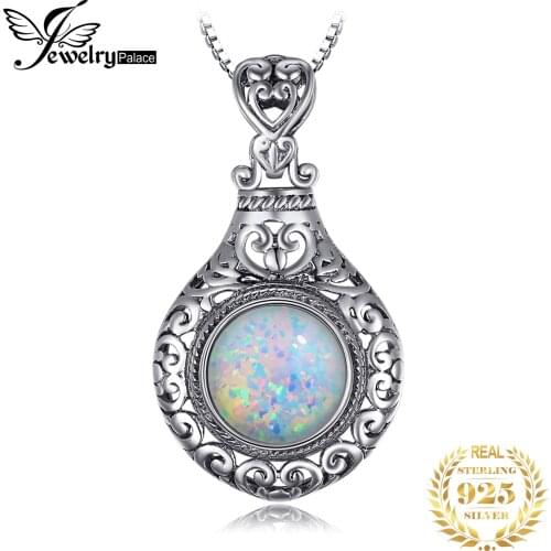 JewelryPalace Vintage 2.5ct Round Cabochon Created Opal Carving Heart Pendant Necklace 925 Sterling Silver Jewelry Without Chain