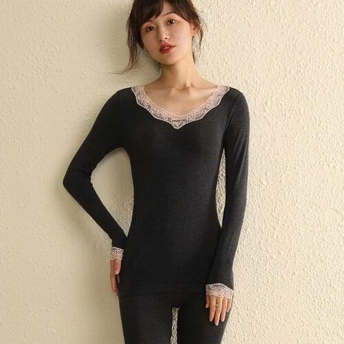 Qiu Dong Flocking Underwear, Female Constant Temperature Heating Wool V-neck Lace Long Johns Girl Suits Thermal Underwear Women