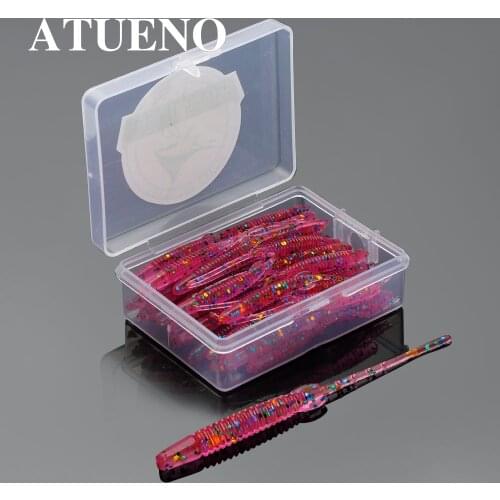 ATUENO 50pcs Fishing Lures Artificial Silicone Worms Soft Bait 55mm 0.4g Rock Fishing Wobblers Leurre Souple Lure Trout Jig Lure
