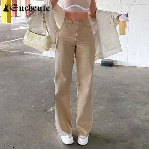 SUCHCUTE Kahaki Mom Jeans Harajuku Hight Waist Straight Pants Women Casual Aesthetic Denim Trousers Vintage Streetwear Clothes