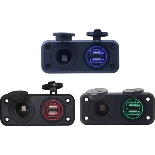 Touch Switch LED 4.8A Dual USB Charger + Cigarette Lighter Socket Power Adapter Panel Mount for Car Motorcycle Truck RV Bus Boat