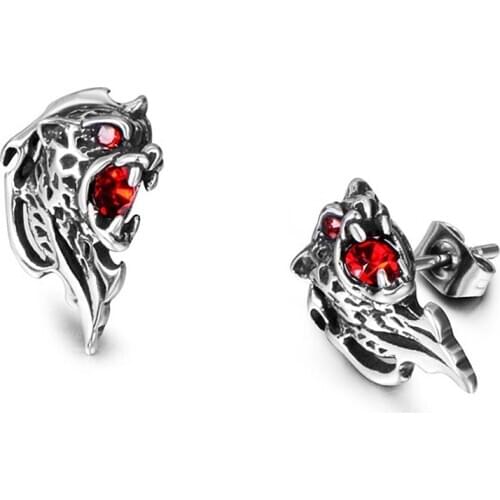 Vintage Stainless Steel Viking Wolf Head Earrings Men Punk Hip Hop Biker Wolf Head Red Stone Earrings Jewelry Gift