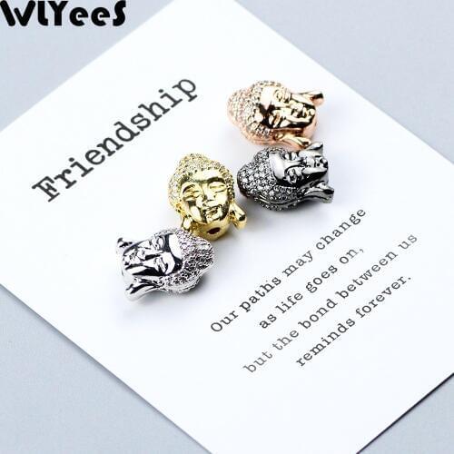WLYeeS White Zircon Buddha head Charm Copper beads Pave CZ Metal Loose bead For Jewelry bracelet Necklace making DIY Accessories