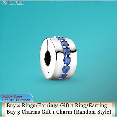 Ahthen 925 Sterling Silver Blue Sparkle Clip Charm fit Original Pandora Bracelets Women Jewelry Making Birthday Birthday Gift