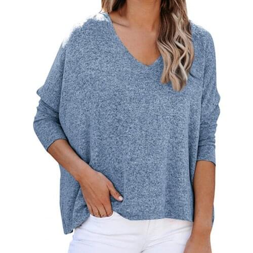 New Casual Pullover Women Bat shirt Blouse Tops Loose V Neck Solid Color Long Sleeve T-Shirt Tee Tops for Daily Streetwear