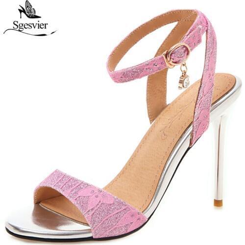 Sgesvier Shoes woman Thin High heel Womens sandal Peep toe Ankle Buckle Party shoes Summer Blue Pink Plus size 31-46 G340