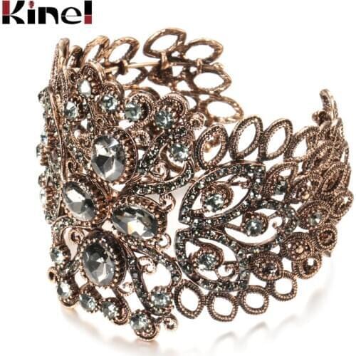 Kinel New Retor Gold Color Boho Bangle Cuff Bracelet for Women Grey crystal Flower Elastic C Shape Turkish Vintage Gift