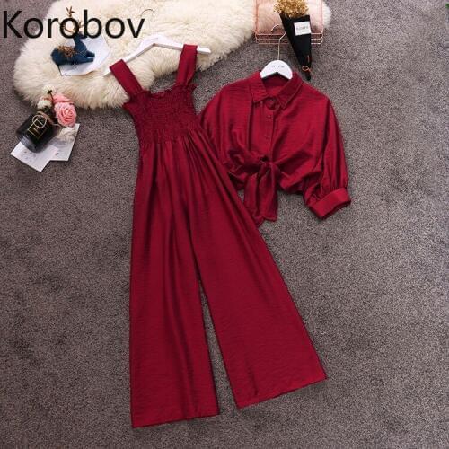 Korobov Korean New Women Tops and Playsuit 2 Piece Sets Sunscreen Single Brested Crop Top Pants Female Two Piece Outfits 78615