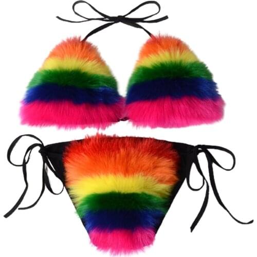 Women Summer Sexy 2 Piece Bikini Set Faux Fur Rainbow Striped Halter Swimsuit Tie Side Bottom Bralette Plush Bathing Suit