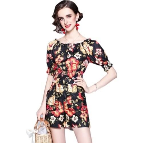 Runway Summer Two Pieces Sets Womens Black Shorts Suits Floral Print Flower Tops And Shorts Flower Shirt + Wide Leg Pants Suits