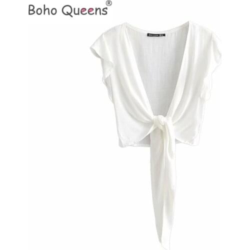 Boho Queens Summer women yellow beach short sleeve sashes crop tops bohemian linen cotton vest short ruffles shirt femme