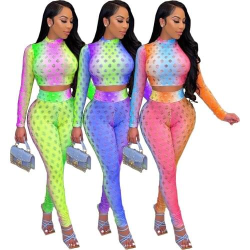 Echoine Colorful Tie Dye Print Two Piece Set Crop Top Legging High Waist Pants Set Tracksuit for Women Bodycon Fitness Outfits