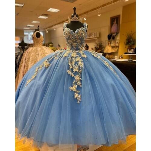 Light Blue Ball Gown Quinceanera Dresses Sequined Beaded Sweet 16 Dress Prom Gowns With Gold Applique vestido de 15 anos