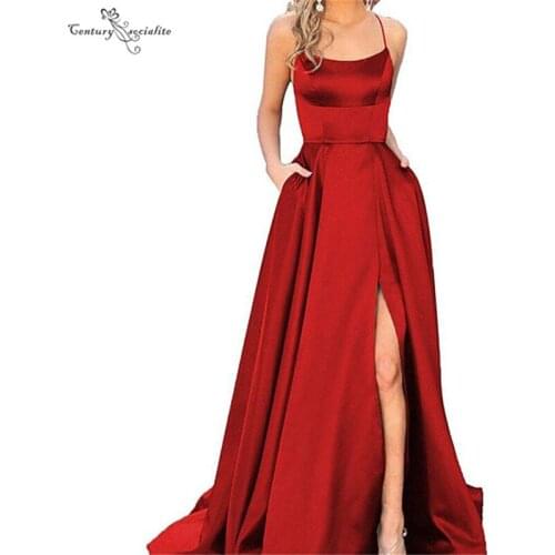 Simple Satin Prom Dresses Long High Split Backless Sweep Train Pockets Cheap Evening Dress Formal Party Gowns Vestidos De Festa