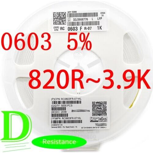100PCS SMD Resistor 0603 5% RC0603JR-07 Series 820R 910R 1K 1.1K 1.2K 1.3K 1.5K 1.6K 1.8K 2K 2.2K 2.4K 2.7K 3K 3.3K 3.6K 3.9K
