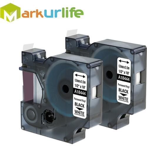 2 pack Industrial Rhino Permanent Vinyl Label Tape Compatible for DYMO Rhino 4200 5200 and More 18444 Black on White 12mm*5.5m