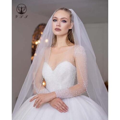 2021 Elegant Vestidos De Novias Illussion O Neck Beaded Crystals Bling Bling Ball Gown Puffy Long Sleeve Wedding Dresses