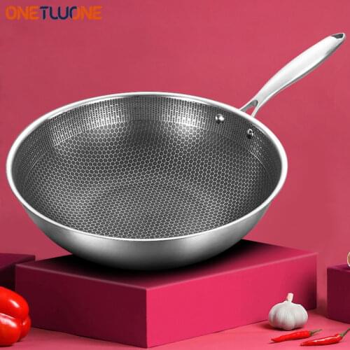 Stainless steel wok Uncoated non-stick pan Induction compatible kitchen frying pan Suitable for gas stove and induction cooker