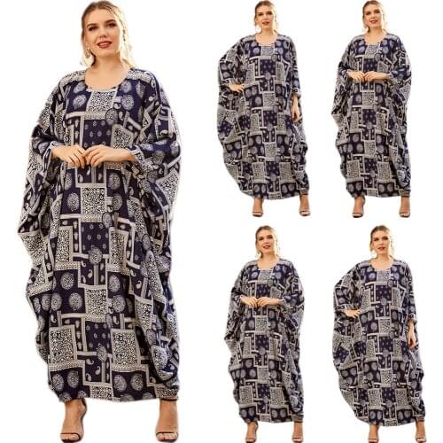 Abaya Muslim Women Long Dress Printed Arab Maxi Robe Gown Oversized Kaftan Batwing Sleeve Ramadan Islamic Eid Clothing Fashion