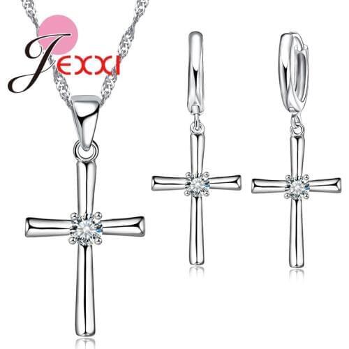 Free Shipping Fashion Cubic Zirconia Cross 925 Sterling Silver Necklace Earrings Pendants Jewelry Set For Women