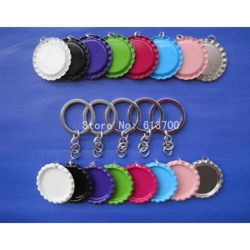 Free Shipping Mix Order 100 Pcs Flattened two Side Colored Bottle caps with hole +100 pcs key Chain For Jewelry Craft Making