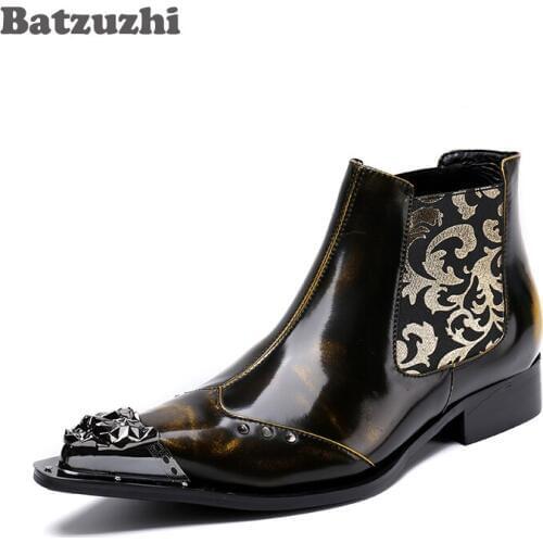 Batzuzhi 2018 Newest Italian Handmade Men Leather Boots Ankle Point Iron Toe Motocycle Boots Brown Men Dress Boots Botas Hombre