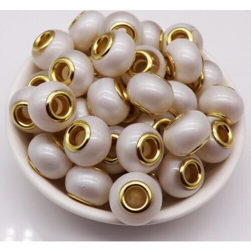 10Pcs 16mm Big Round Gold Pearl Glass Beads for Jewelry Making DIY Snake Chain Necklaces Hole Bead fit Pandora Bracelet Bangle