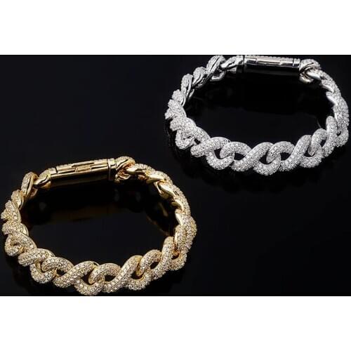 Hip Hop Prong Setting AAA CZ Stone Bling Iced Out Solid Infinity Cuban Link Chain Bangles Bracelets for Men Rapper Jewelry