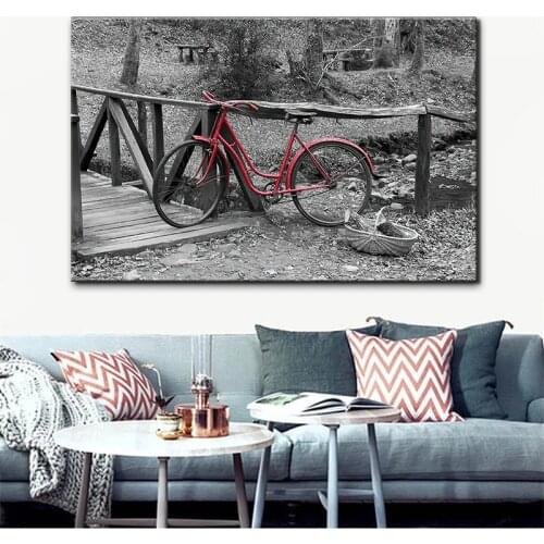 Black White Art Red Bicycle Retro Landscape Posters and Prints Canvas Painting Wall Art Picture Quadro Living Room Home Decor