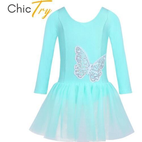 ChicTry Kids Cotton Long Sleeve Butterfly Sequins Ballet Tutu Tulle Dress Girls Gymnastics Ballet Leotard Children Dance Costume