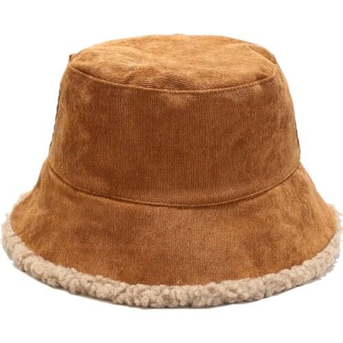 Reversible Faux Fur Bucket Hat Women Winter Lamb Wool Fleece Cap Corduroy Fisherman Hats Sunscreen Panama Caps