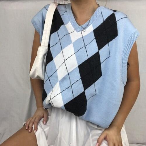 E-girl Argyle Sweater Vest Women V Neck Sleevelss Knitted Sweater Blue Preppy Style Fshion Streetwear Checkered Soft Crop Top