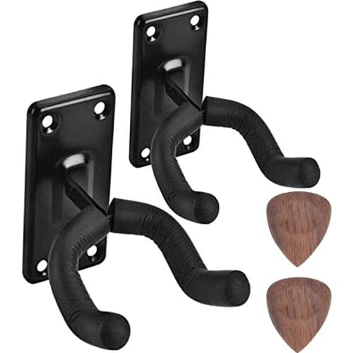 Guitar Ukulele Wall-Mounted Hanger Guitar Hook and 2 Pieces of Solid Wood Guitar Picks (2-PACK, Black)