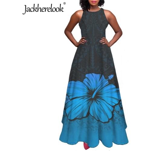 Jackherelook Blue Polynesain Tattoo Hibiscus Design Sleeveless Maxi Dress Round Neck High Waist Swing Flowy Party Club Dresses