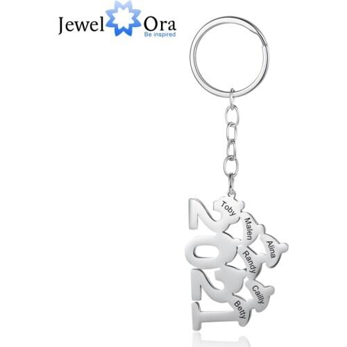 JewelOra Personalized 3-8 Names Engraved Keychains for Ladies Stainless Steel Christmas Hat Custom Keyring 2021 New Year Gifts