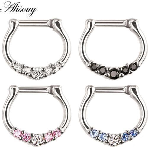 Alisouy 1pcs Nose Ring body piercing jewelry colorful Surgical Steel CZ Clicker Small Hoop Septum Jewelry Studs nipple rings