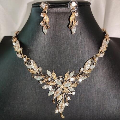 Noble Bridal Jewelry Set Women Bridesmaid Gift Leaf Crystal Necklace Set Earring Set Gold Color Silver Color