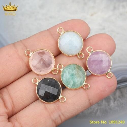5Pcs/Lot Natural Stone Round Connector Charms For Jewelry Making,Roses Quartz Stone Beads Gold Charms Bracelet Making FZ-87KBI