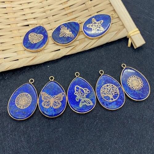 Natural Stone Pendant Lapis Lazuli Necklace Blue Pendant Sapphire Blue Drop-shaped Metal Edging Retro Jewelry DIY Production